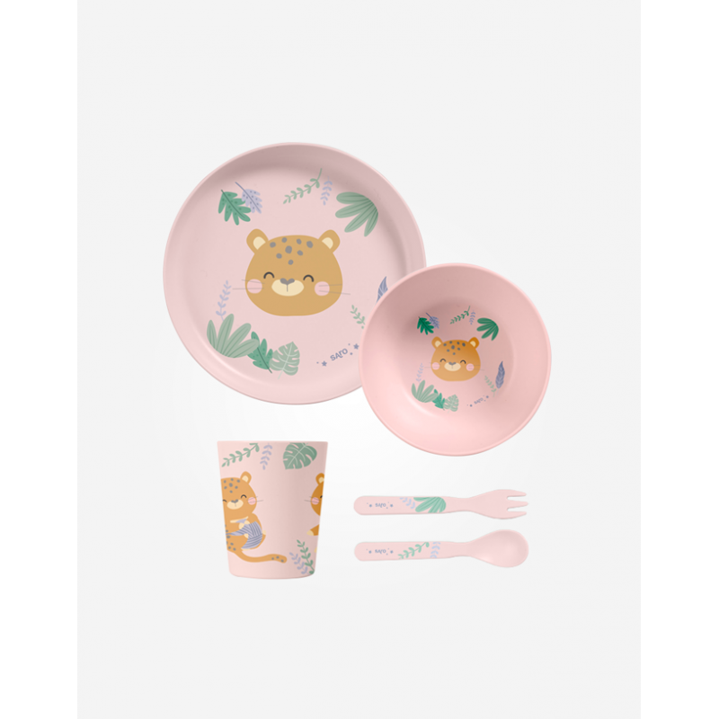 CONJUNTO ALIMENTAÇÃO 5 PEÇAS JUNGLE CHEETAHS ROSA SARO