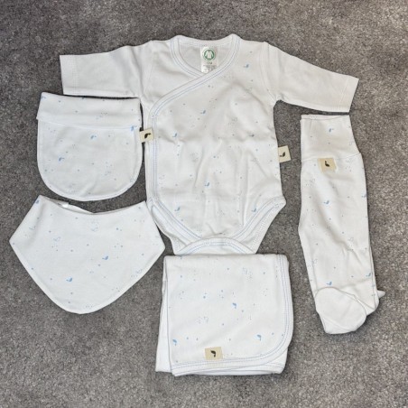 CONJUNTO 5 PEÇAS ALGODÃO ORGANICO BRANCO/AZUL (tam 0) MG