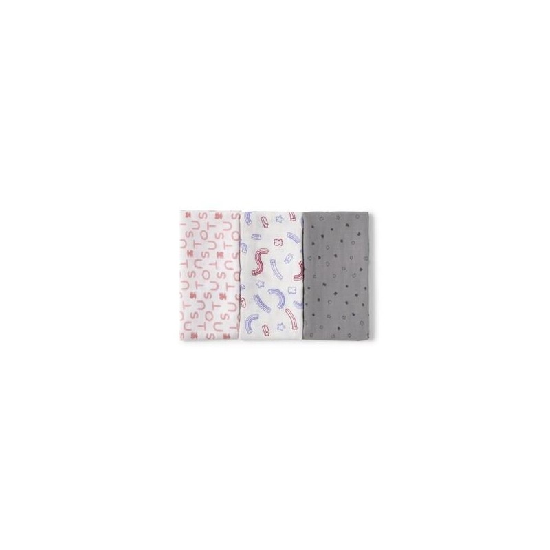 PACK 3 MUSELINAS ALGODÃO ROSA/CINZA 38X38 TOUS