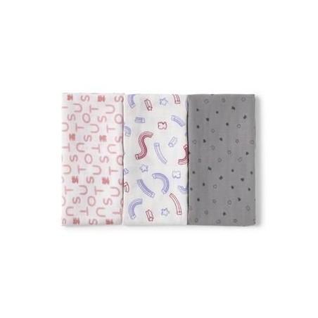 PACK 3 MUSELINAS ALGODÃO ROSA/CINZA 38X38 TOUS
